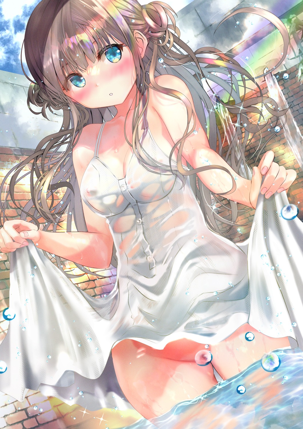 censored dress nipples no_bra nopan ogata_tei pubic_hair see_through skirt_lift summer_dress wet wet_clothes