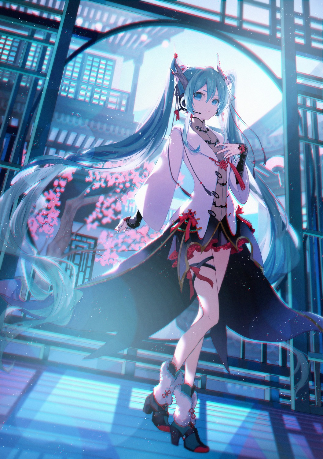 anda_(an_d_01) garter hatsune_miku headphones heels horns vocaloid