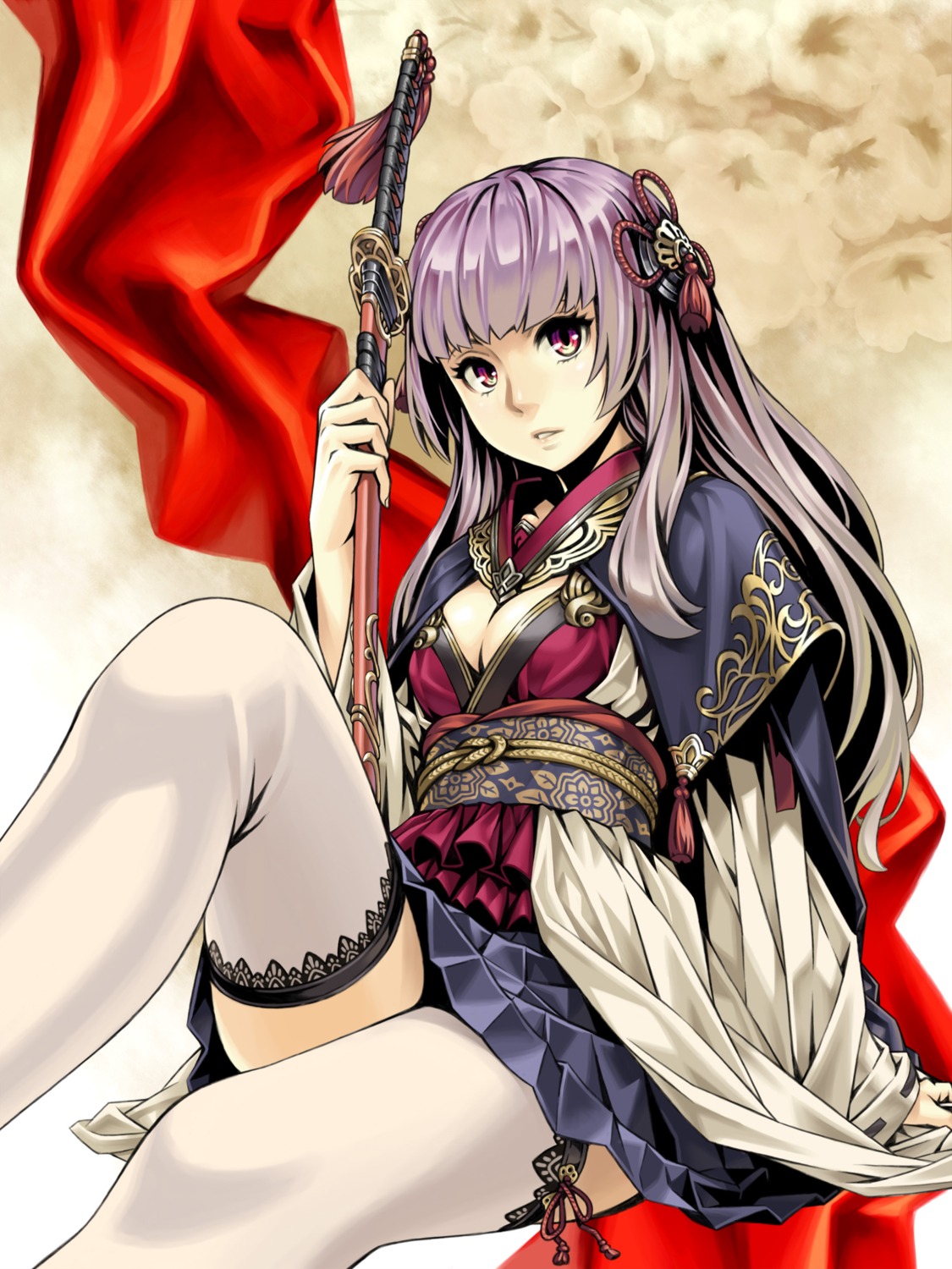 cleavage japanese_clothes kame_(pixiv) sword thighhighs