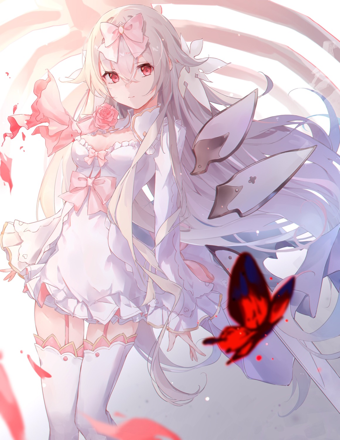 arcaea bai-hyacinth dress hikari_(arcaea) no_bra stockings thighhighs wings