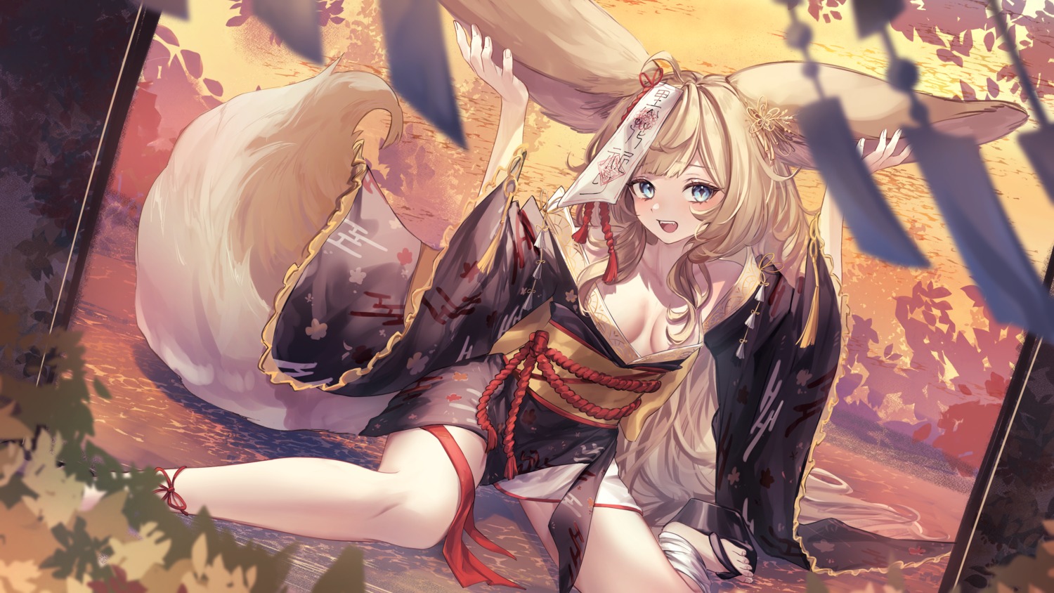 animal_ears japanese_clothes kitsune no_bra open_shirt tail una_kamra