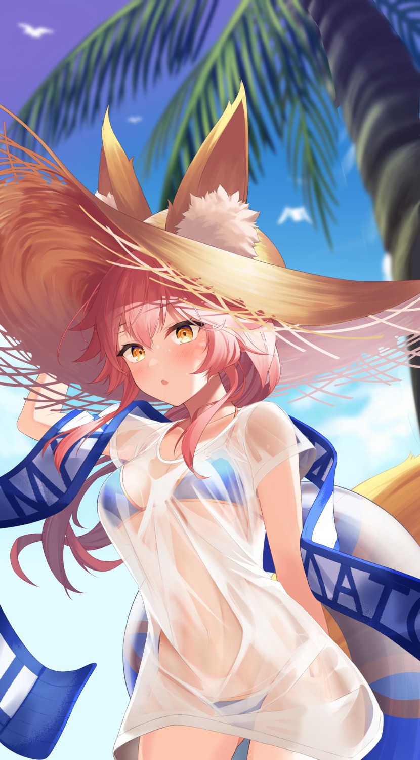 animal_ears bikini fate/extra fate/stay_night kitsune saio425 see_through swimsuits tail tamamo_no_mae wet_clothes