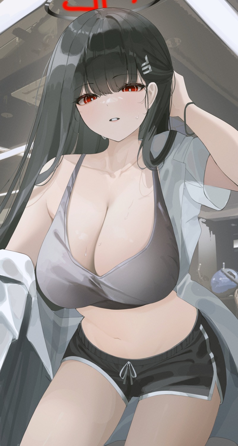 blue_archive bra habetto_(jvzt7737) halo open_shirt tsukatsuki_rio