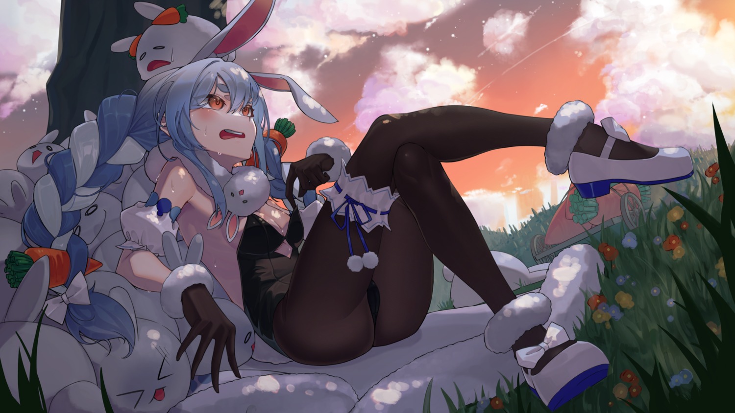 animal_ears bunny_ears bunny_girl cameltoe garter hololive no_bra pantyhose slrspdlv tail usada_pekora wet