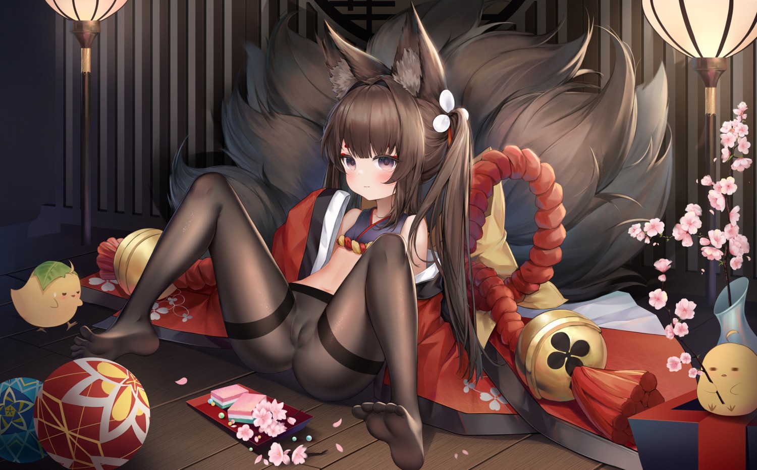 amagi-chan_(azur_lane) amagi_(azur_lane) animal_ears azur_lane feet gala_(16901040) japanese_clothes kitsune loli manjuu_(azur_lane) nopan pantyhose pussy see_through tail uncensored