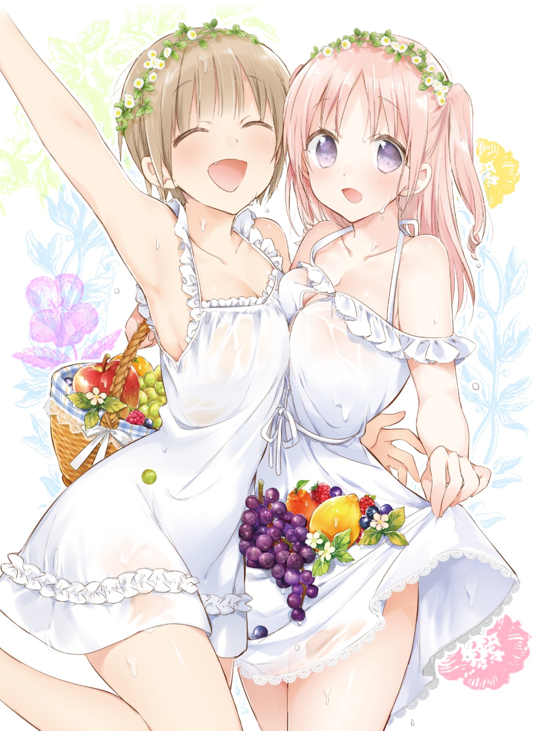 dress see_through sino_(sionori) skirt_lift summer_dress symmetrical_docking wet wet_clothes