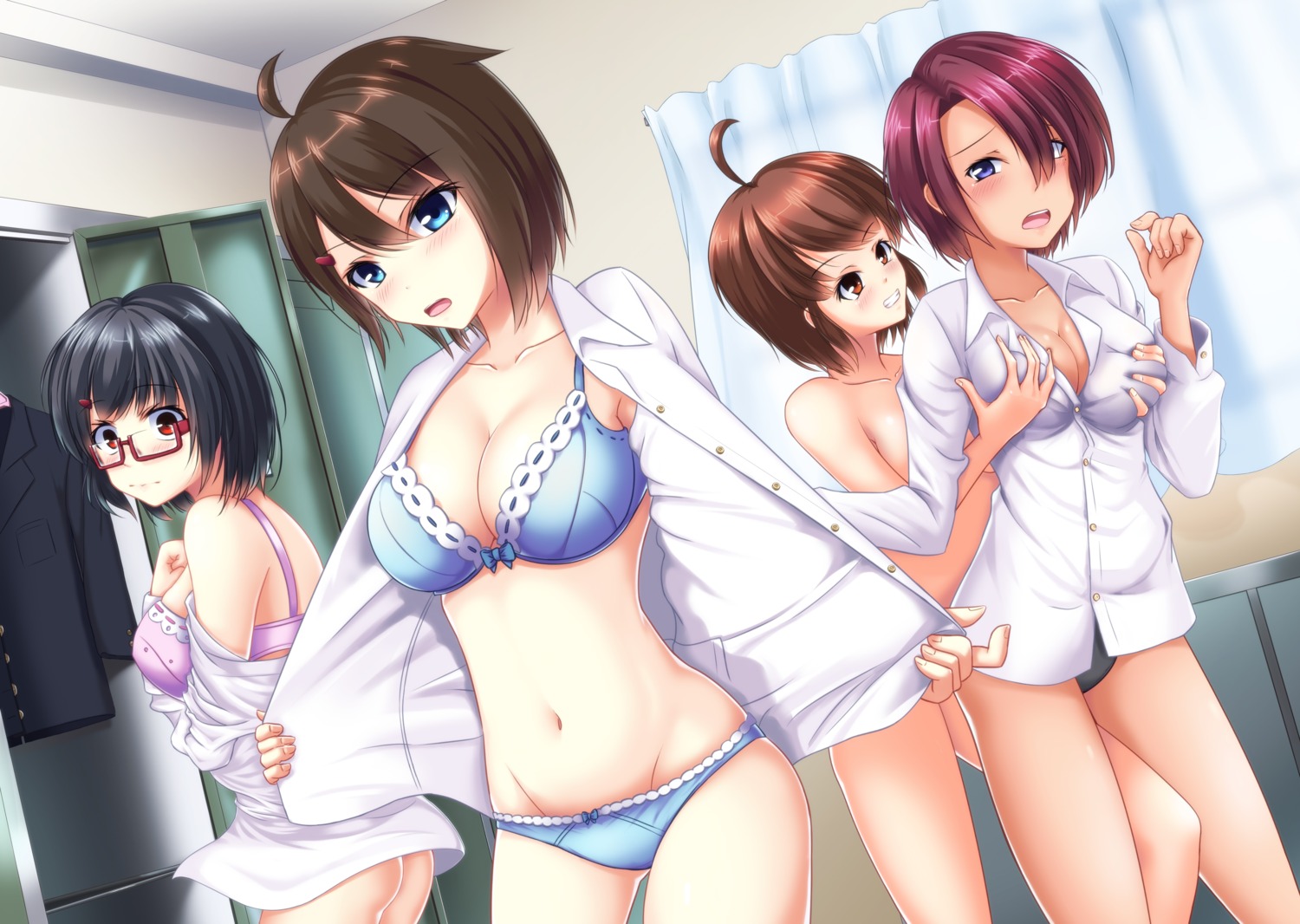 ass bottomless bra breast_grab cleavage dress_shirt megane misaki_lin naked open_shirt pantsu undressing yuri