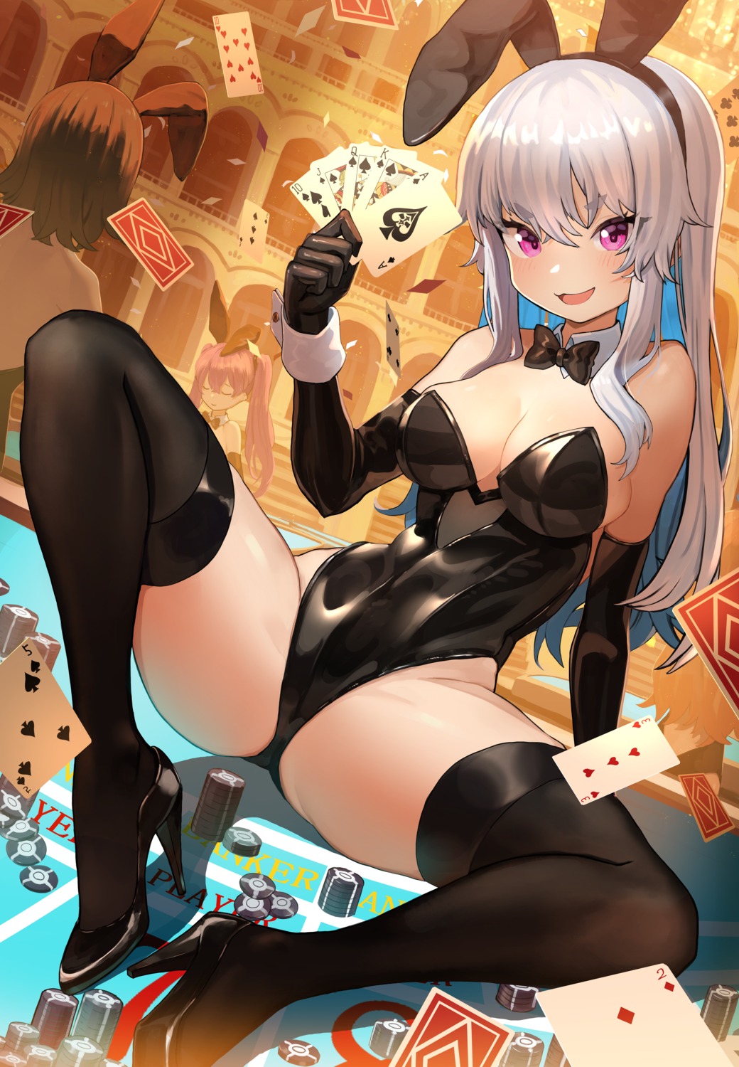 animal_ears bunny_ears bunny_girl cleavage heels moutama no_bra thighhighs