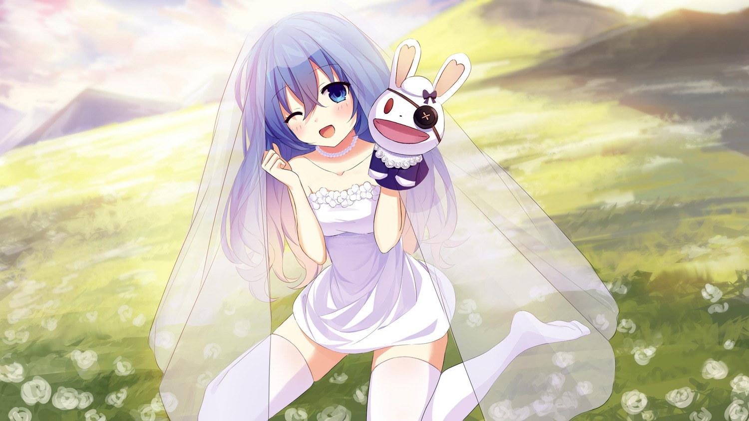 breast_hold date_a_live dress himekawa_yoshino see_through skirt_lift thighhighs wedding_dress yu_(want_rou_nai_zi)