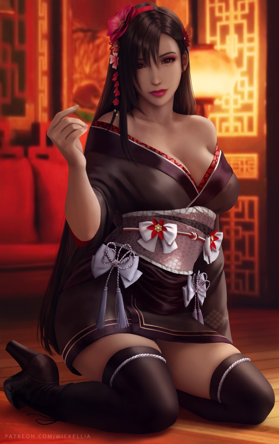 cleavage final_fantasy final_fantasy_vii heels japanese_clothes no_bra thighhighs tifa_lockhart wickellia