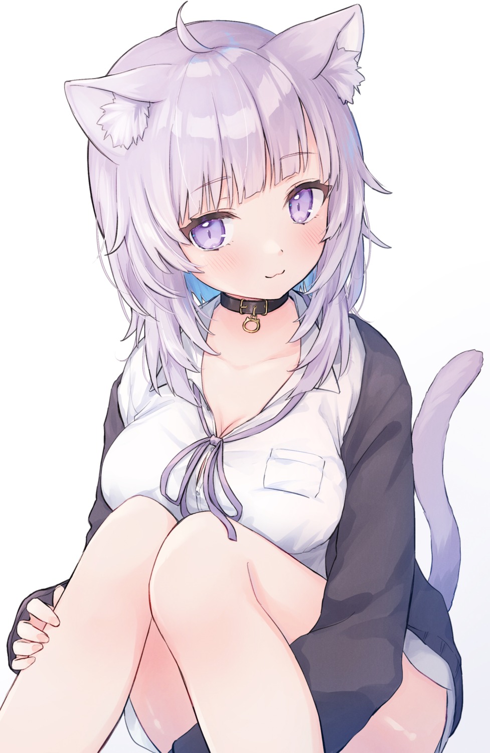 animal_ears cleavage dress_shirt hololive hololive_gamers nekomata_okayu nekomimi open_shirt shano_hiyori sweater tail