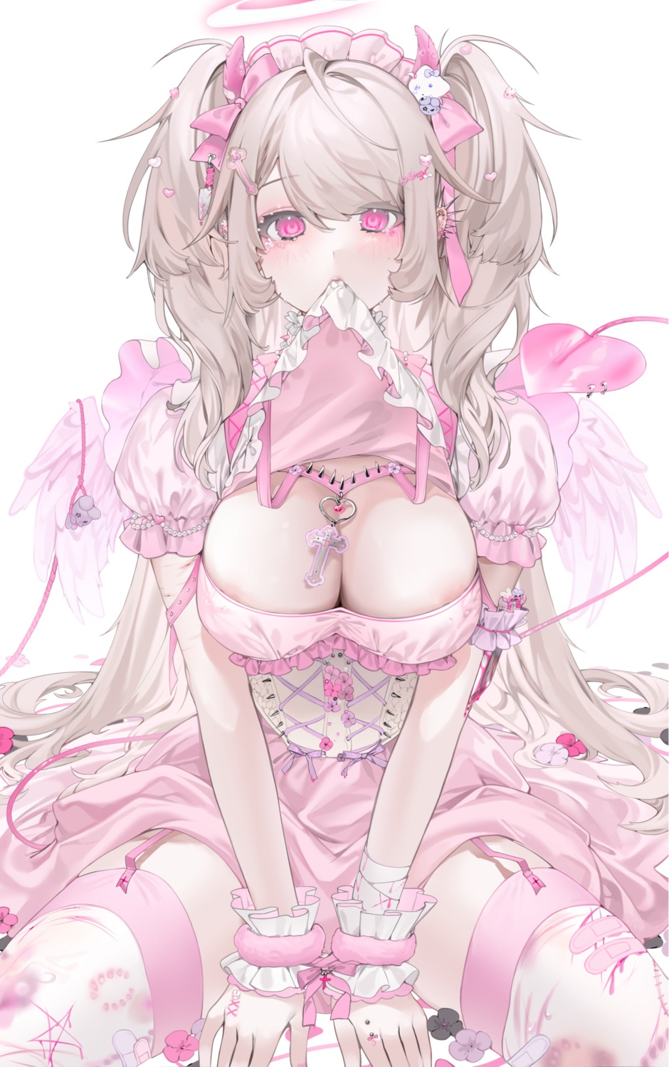 areola bandaid dress horns lolita_fashion mira_(unxi) no_bra shirt_lift skirt_lift stockings tail thighhighs unxi wings