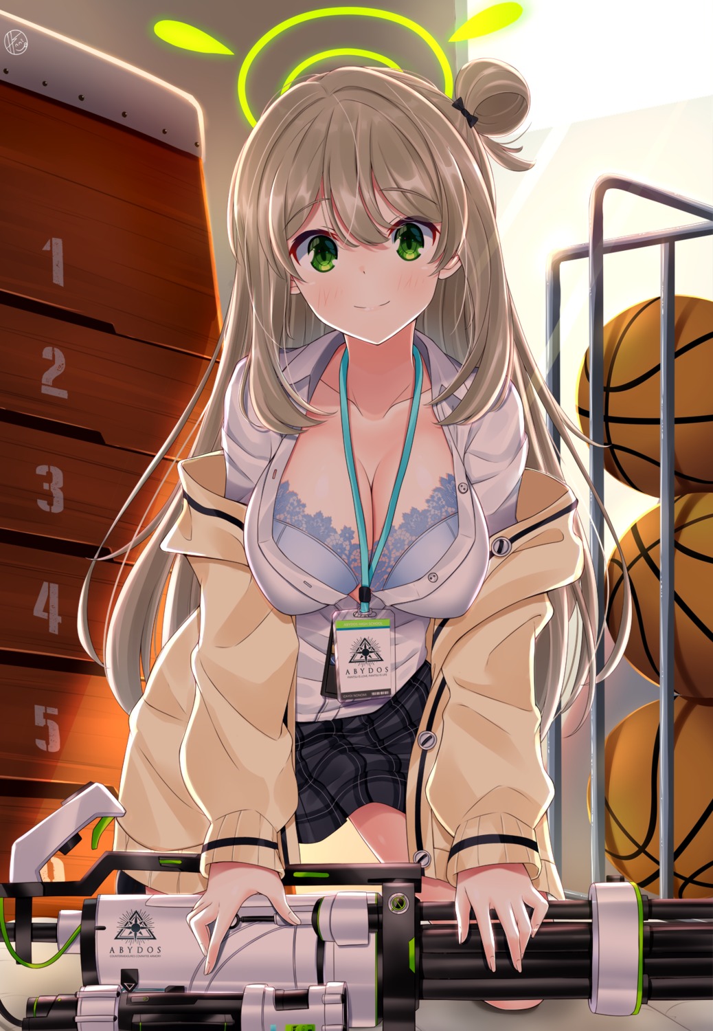 basketball blue_archive bra halo helvetica_5tandard izayoi_nonomi open_shirt seifuku sweater