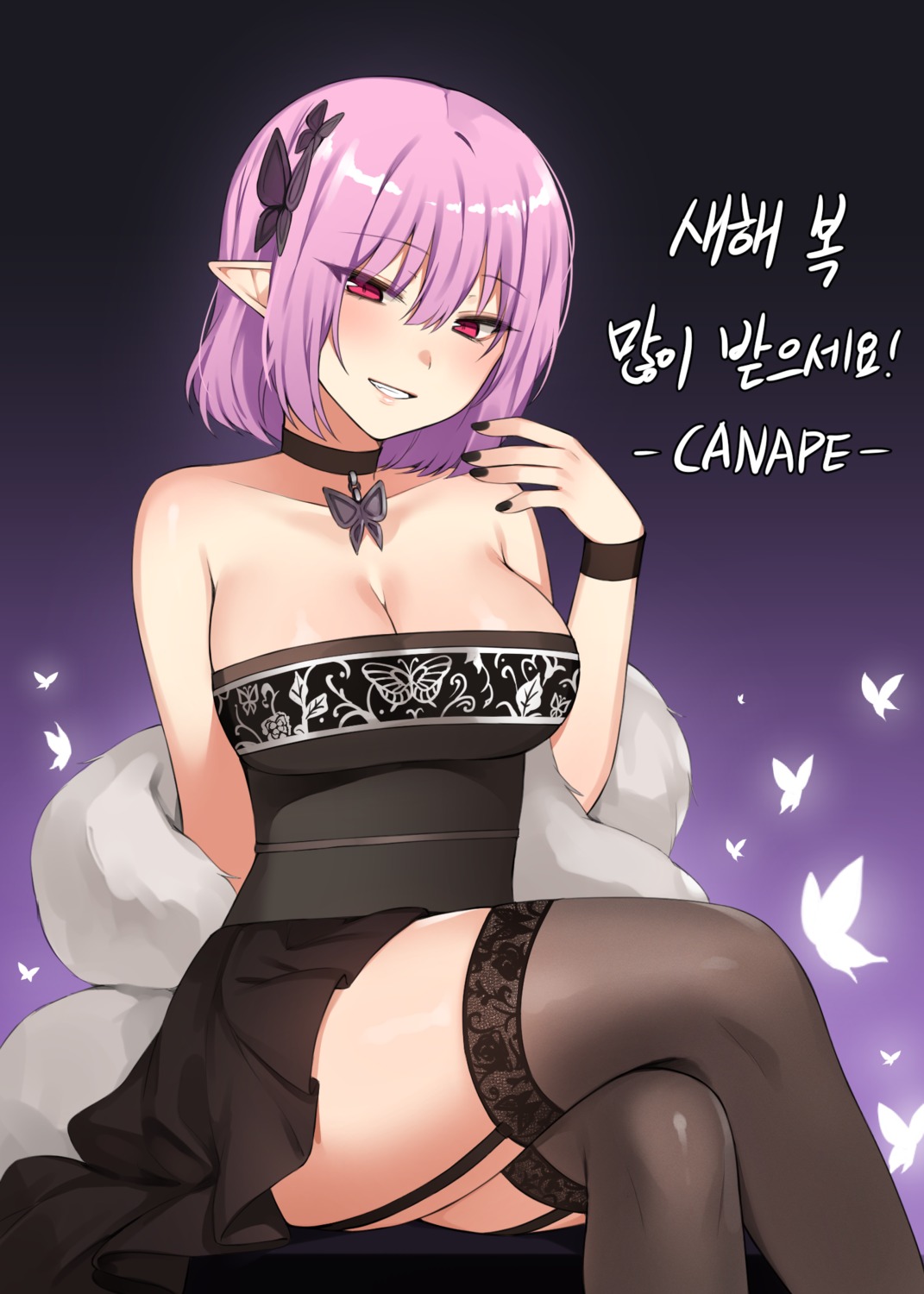 canape cleavage dress lucid maplestory no_bra pointy_ears skirt_lift stockings thighhighs