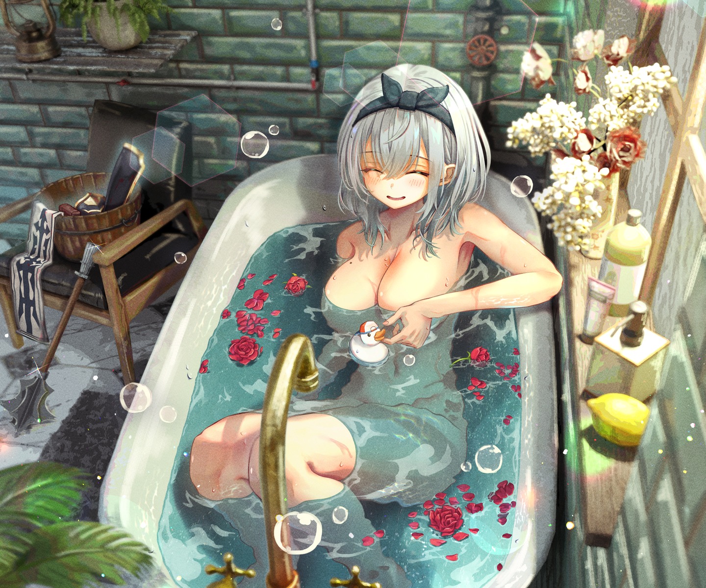 annmitsu114 bathing hololive naked shirogane_noel wet