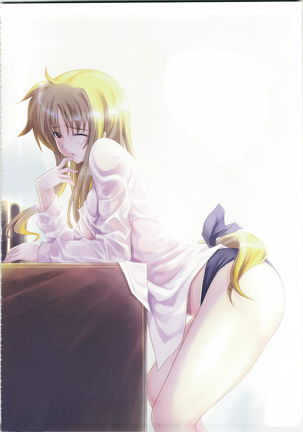 dress_shirt fate_testarossa mahou_shoujo_lyrical_nanoha mahou_shoujo_lyrical_nanoha_strikers mikazuki_akira open_shirt pantsu