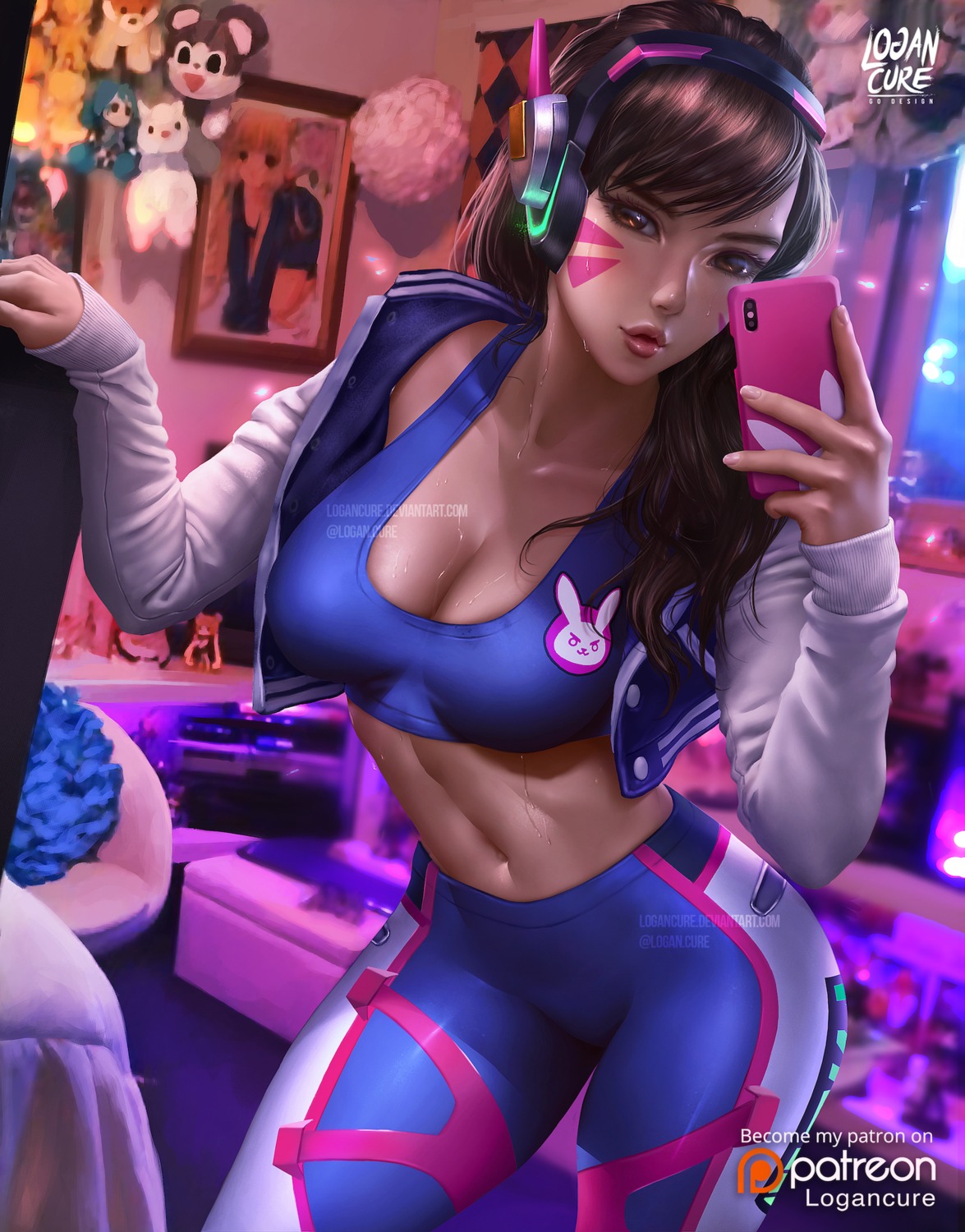 cleavage d.va headphones logan_cure official_watermark overwatch wet