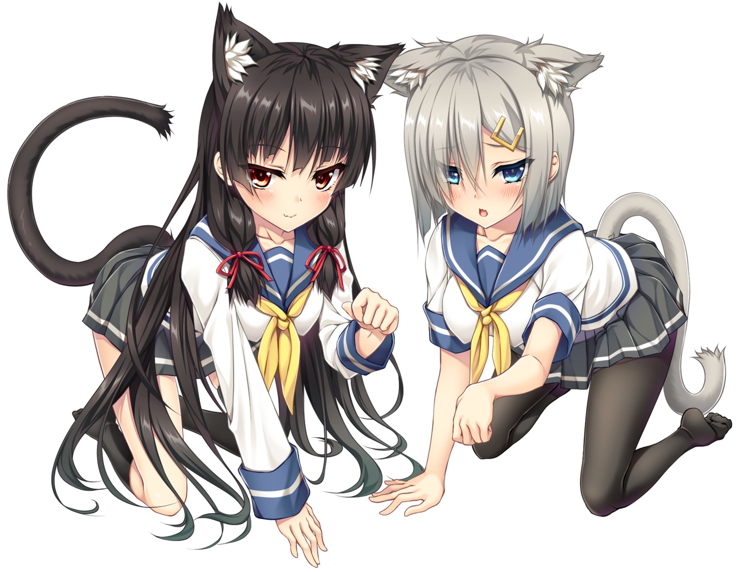 animal_ears hamakaze_(kancolle) isokaze_(kancolle) kantai_collection moeki_yuuta nekomimi pantyhose seifuku tail