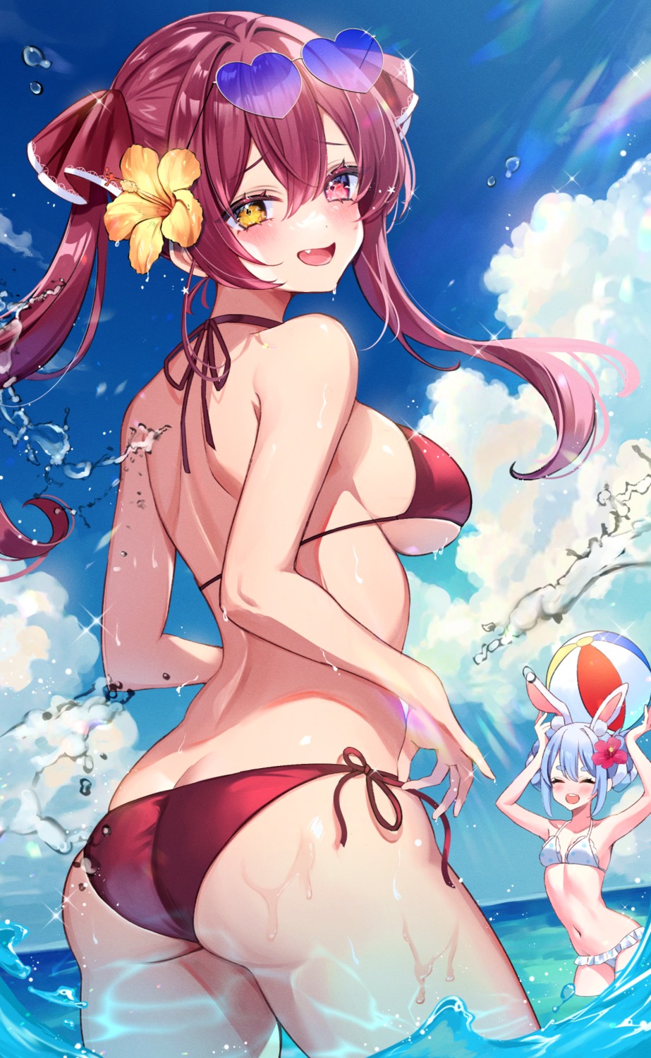 animal_ears ass bikini bunny_ears enepuni heterochromia hololive houshou_marine megane swimsuits usada_pekora