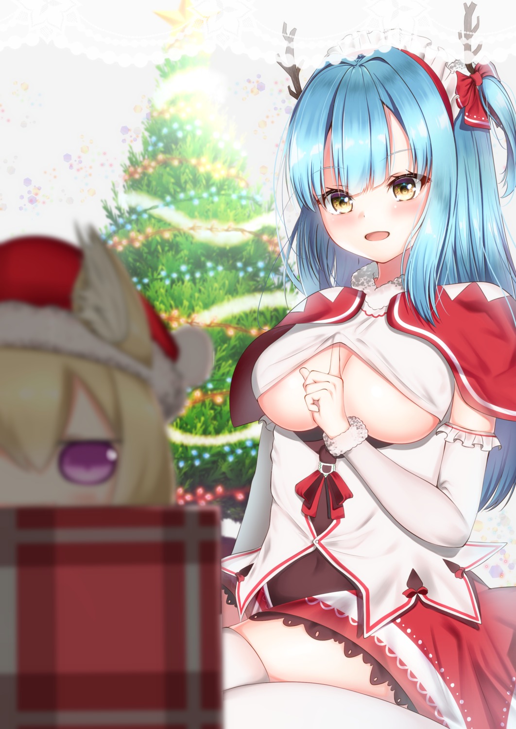 ayakura_maki azur_lane chibi christmas dress horns neptune_(azur_lane) no_bra thighhighs underboob warspite_(azur_lane)