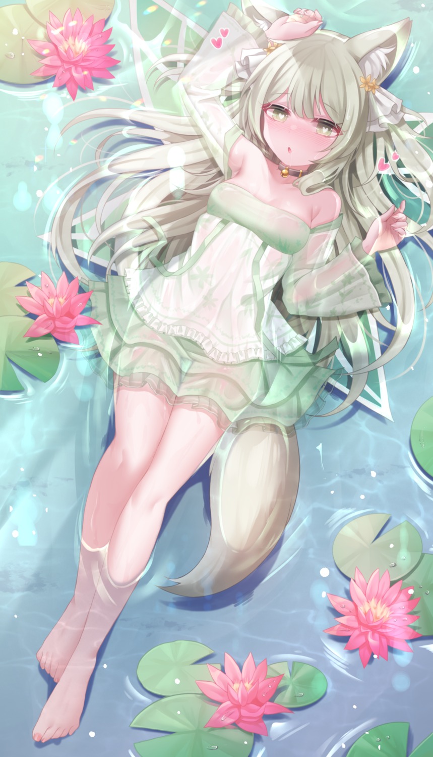 animal_ears dress honyang see_through tail wet wet_clothes