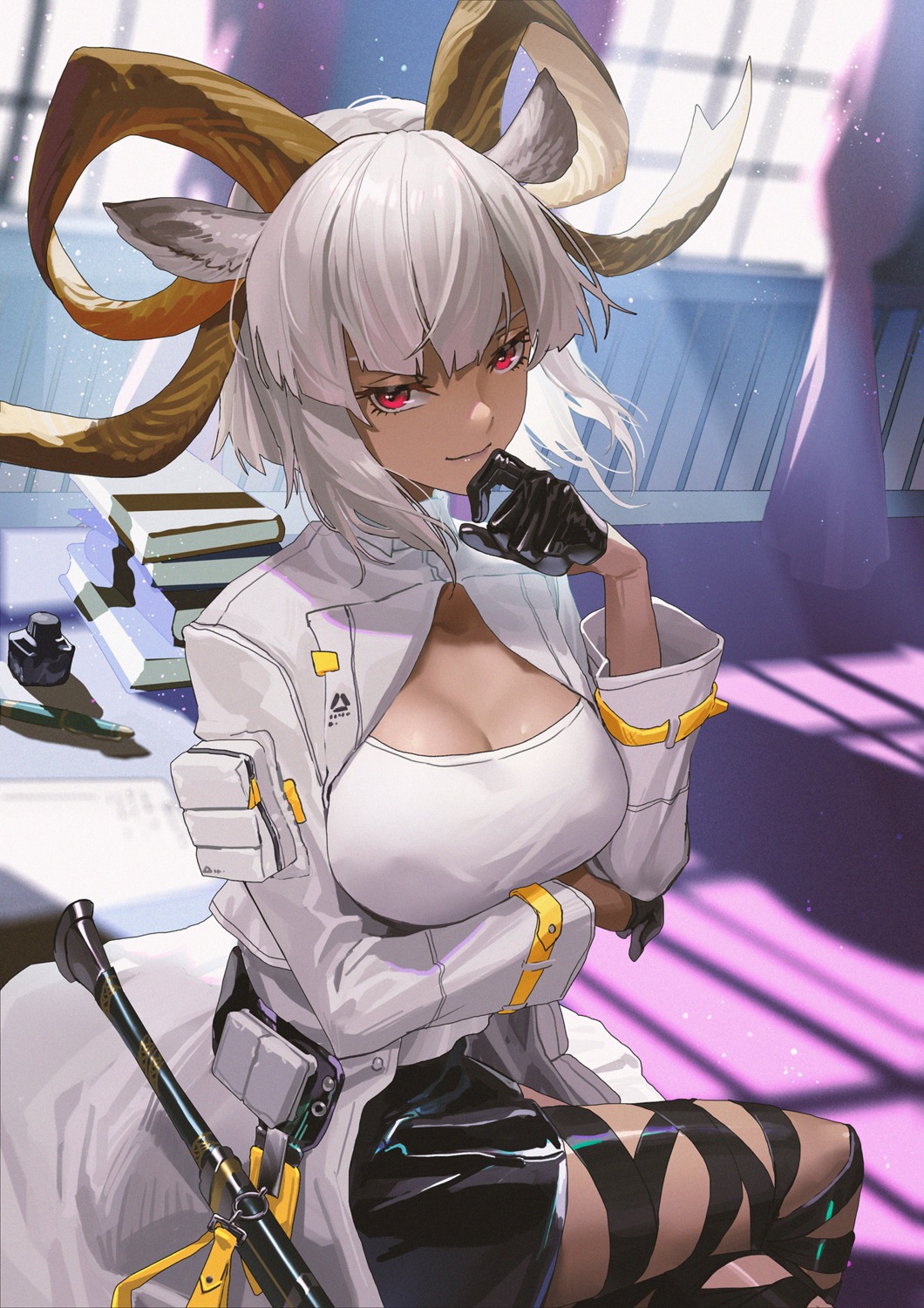 animal_ears arknights carnelian_(arknights) cleavage horns sword tagme