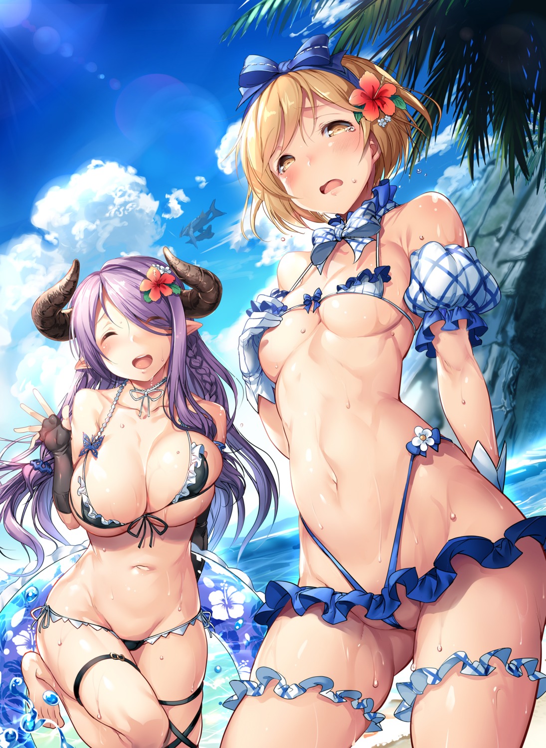 ajishio bikini breast_hold cameltoe djeeta_(granblue_fantasy) garter granblue_fantasy horns narumeia_(granblue_fantasy) pointy_ears swimsuits wet