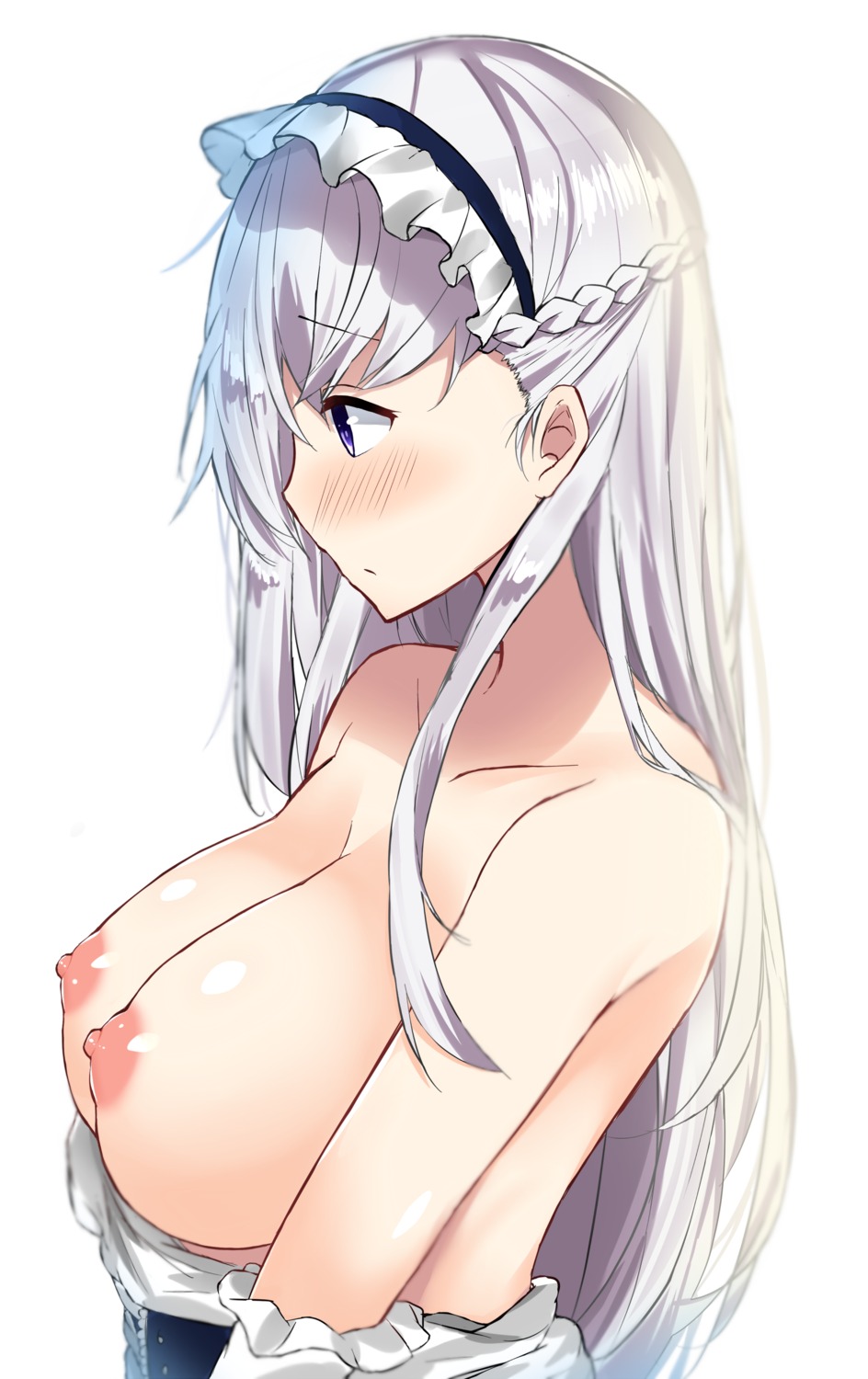 azur_lane belfast_(azur_lane) breasts kurigura_(sketch_san) maid nipples no_bra open_shirt