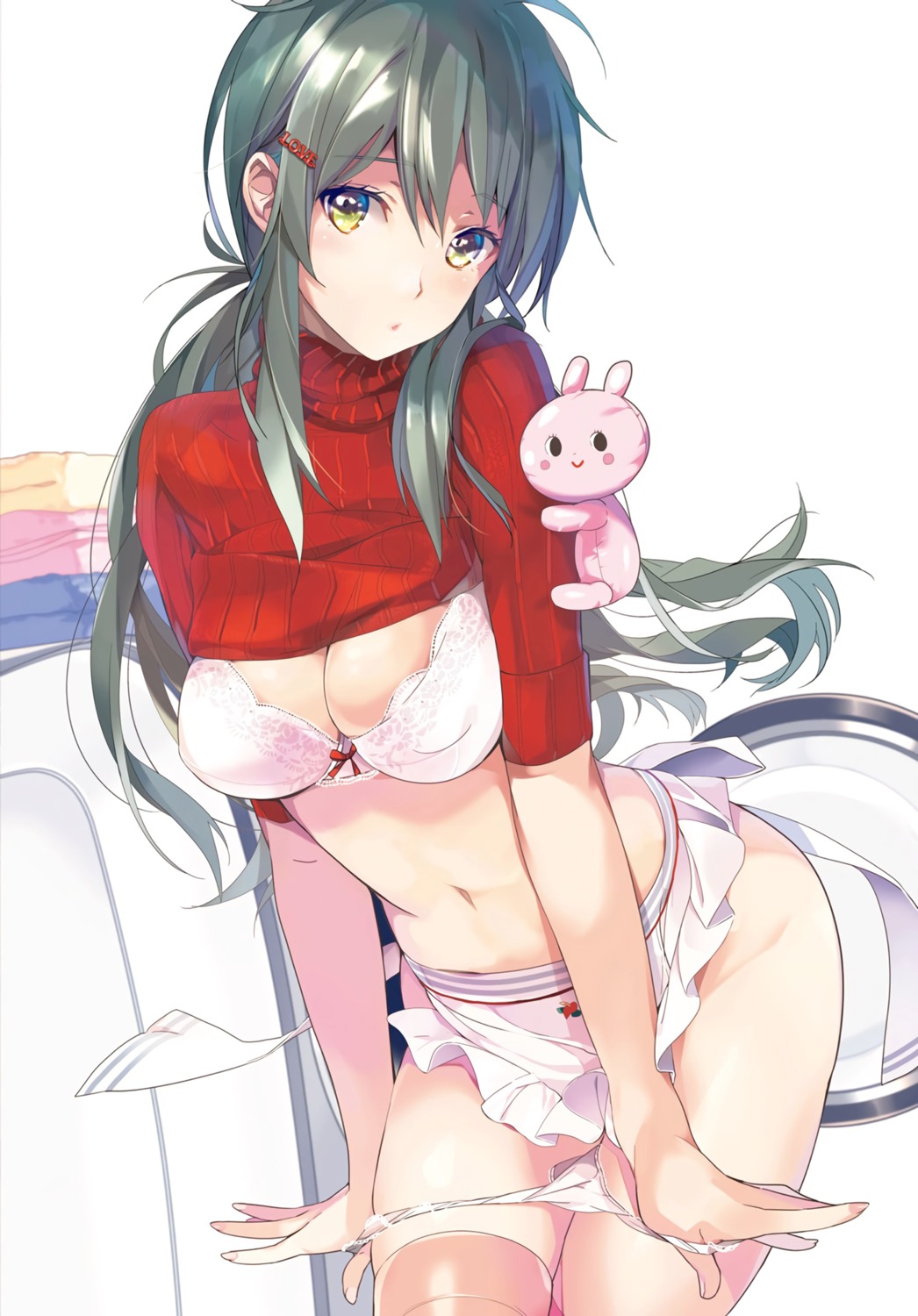 bra lingerie pantsu panty_pull skirt_lift sweater taira_tsukune thighhighs