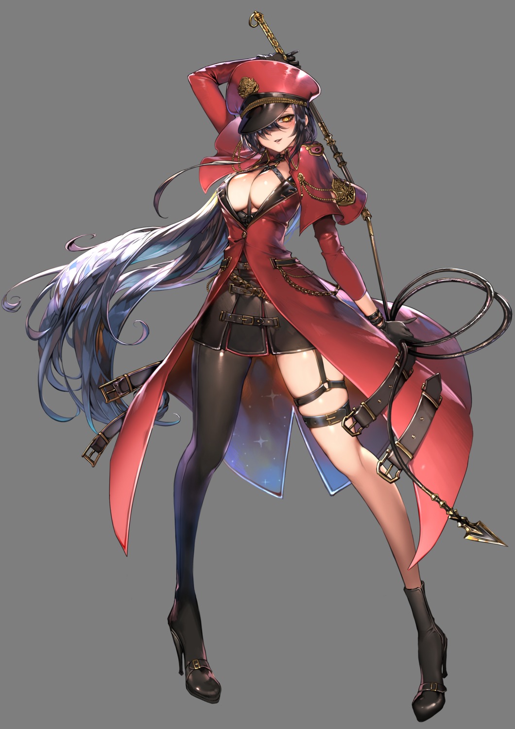 counter:side garter heels no_bra open_shirt uniform weapon