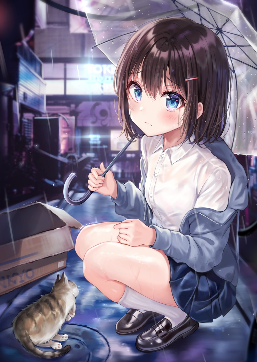 neko see_through seifuku skirt_lift tokkyu umbrella wet_clothes