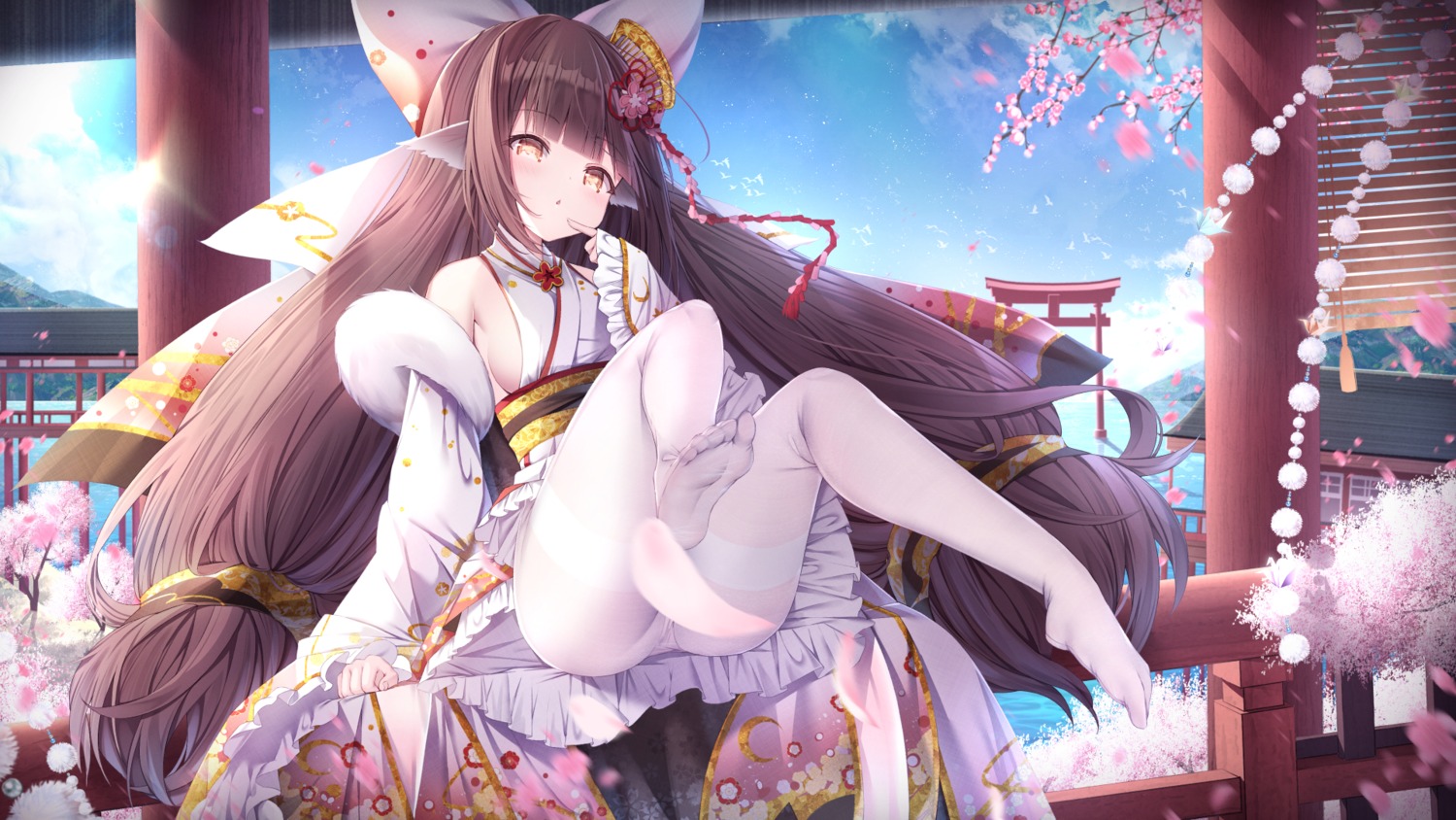 animal_ears azur_lane cameltoe feet harutsuki_(azur_lane) japanese_clothes manman_manyou_haiyang_de_paomo no_bra pantsu pantyhose skirt_lift tail wallpaper