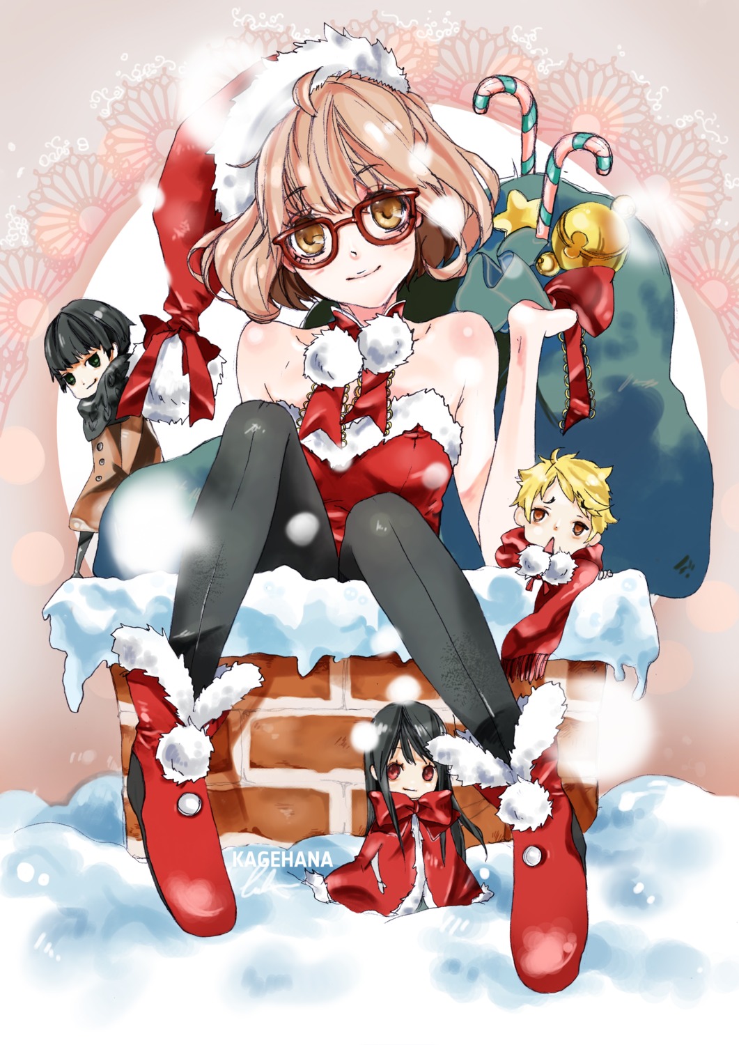 chibi christmas kagehana_(artist) kanbara_akihito kuriyama_mirai kyoukai_no_kanata megane nase_hiroomi nase_mitsuki pantyhose