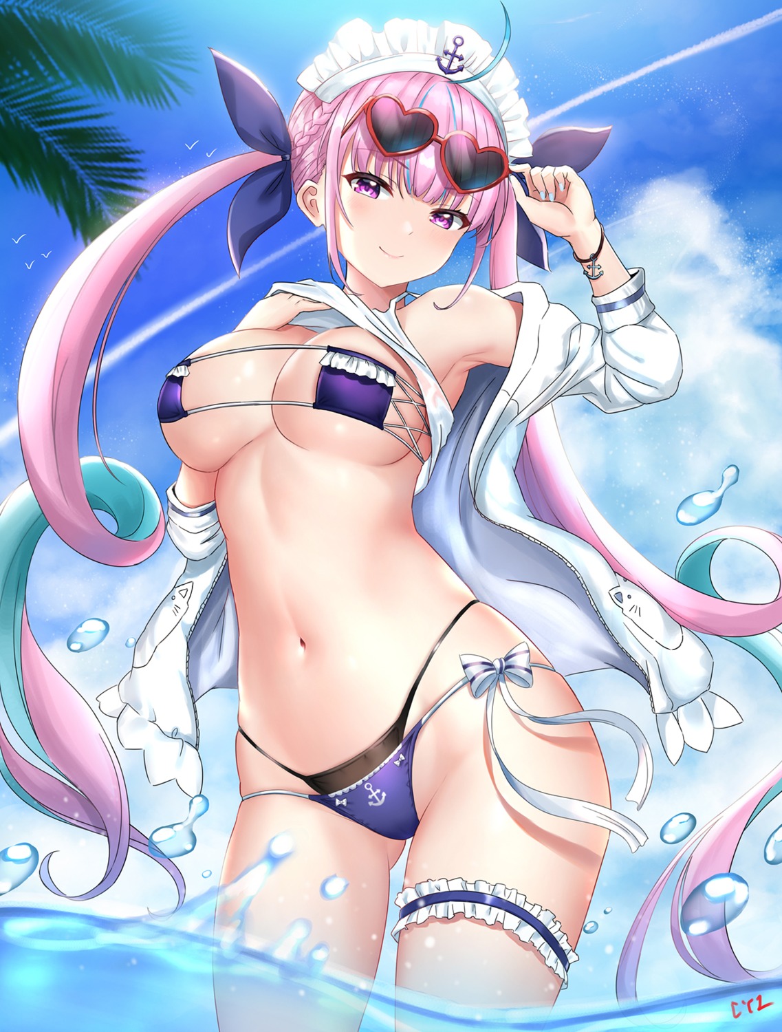 bikini cyicheng garter hololive megane minato_aqua swimsuits thong wet