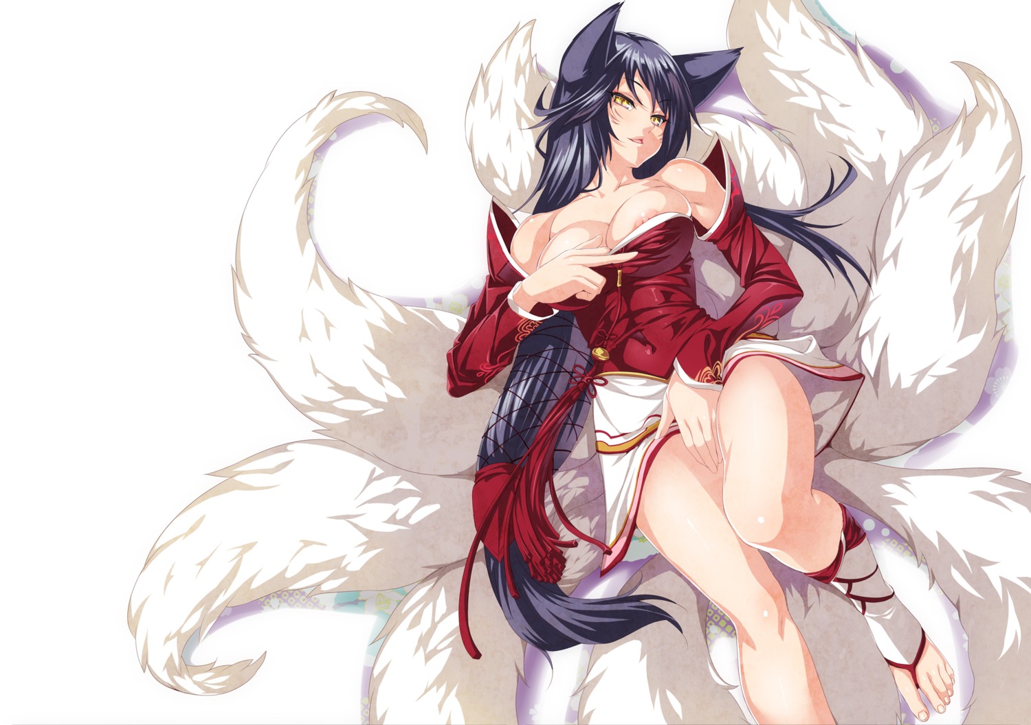 ahri animal_ears cle_masahiro cleavage kitsune league_of_legends nipple_slip nopan tail