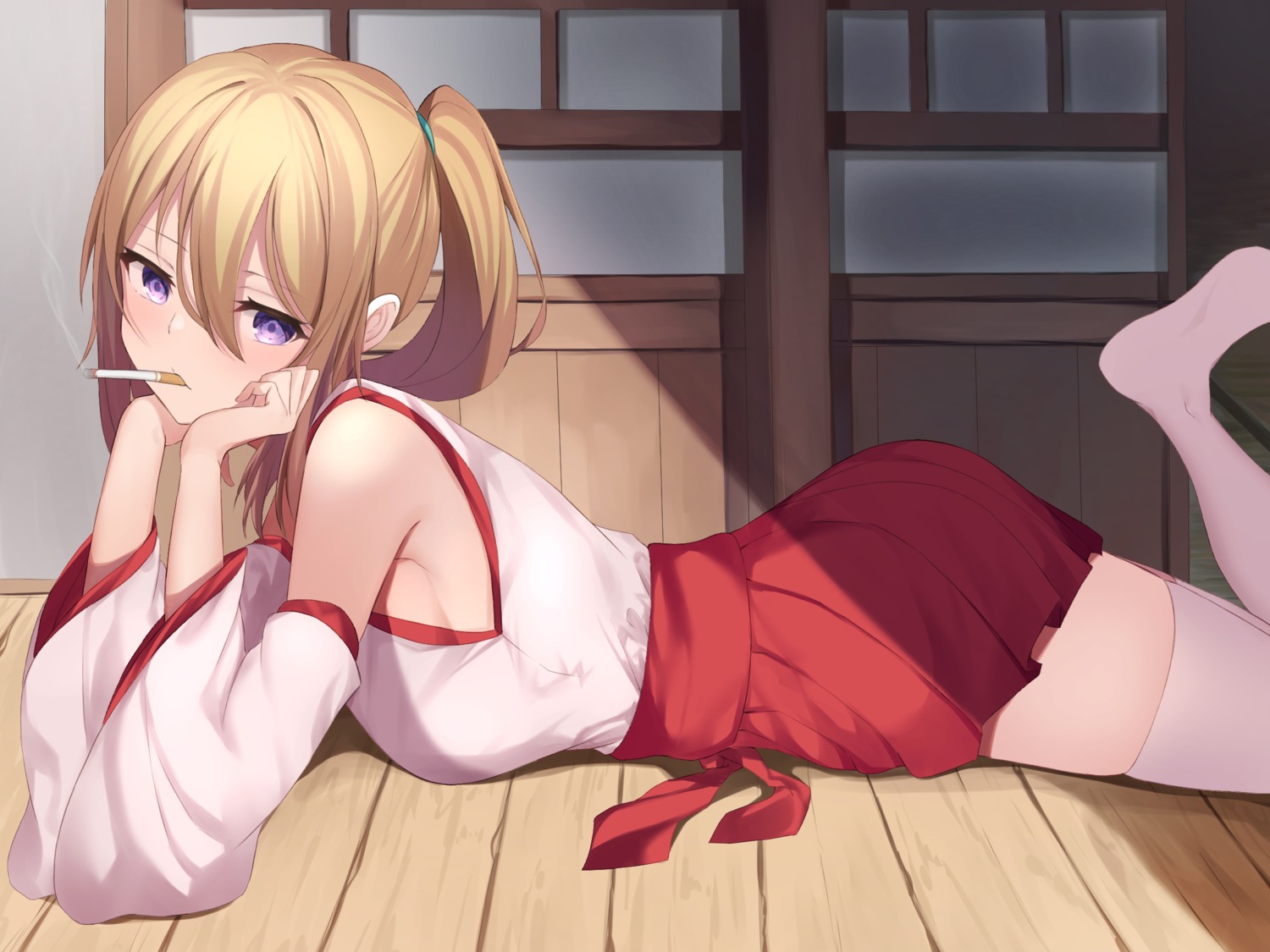 maosame miko no_bra skirt_lift smoking thighhighs