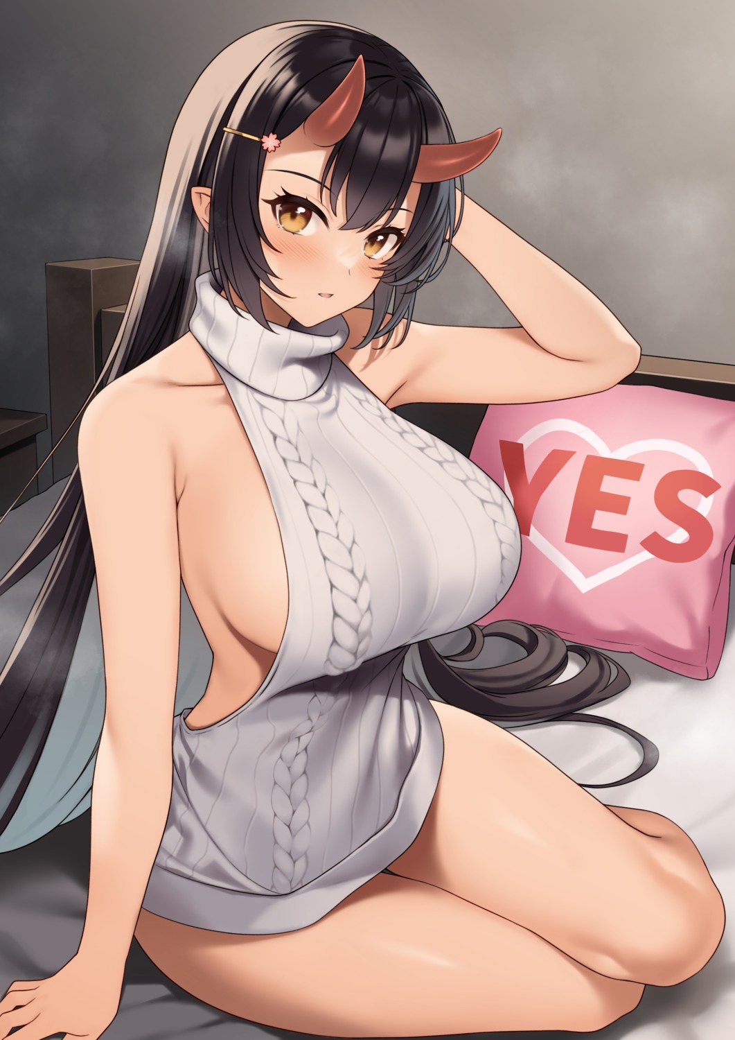 dress enjo_kouhai horns no_bra origamine_ouka pointy_ears sweater takunomi