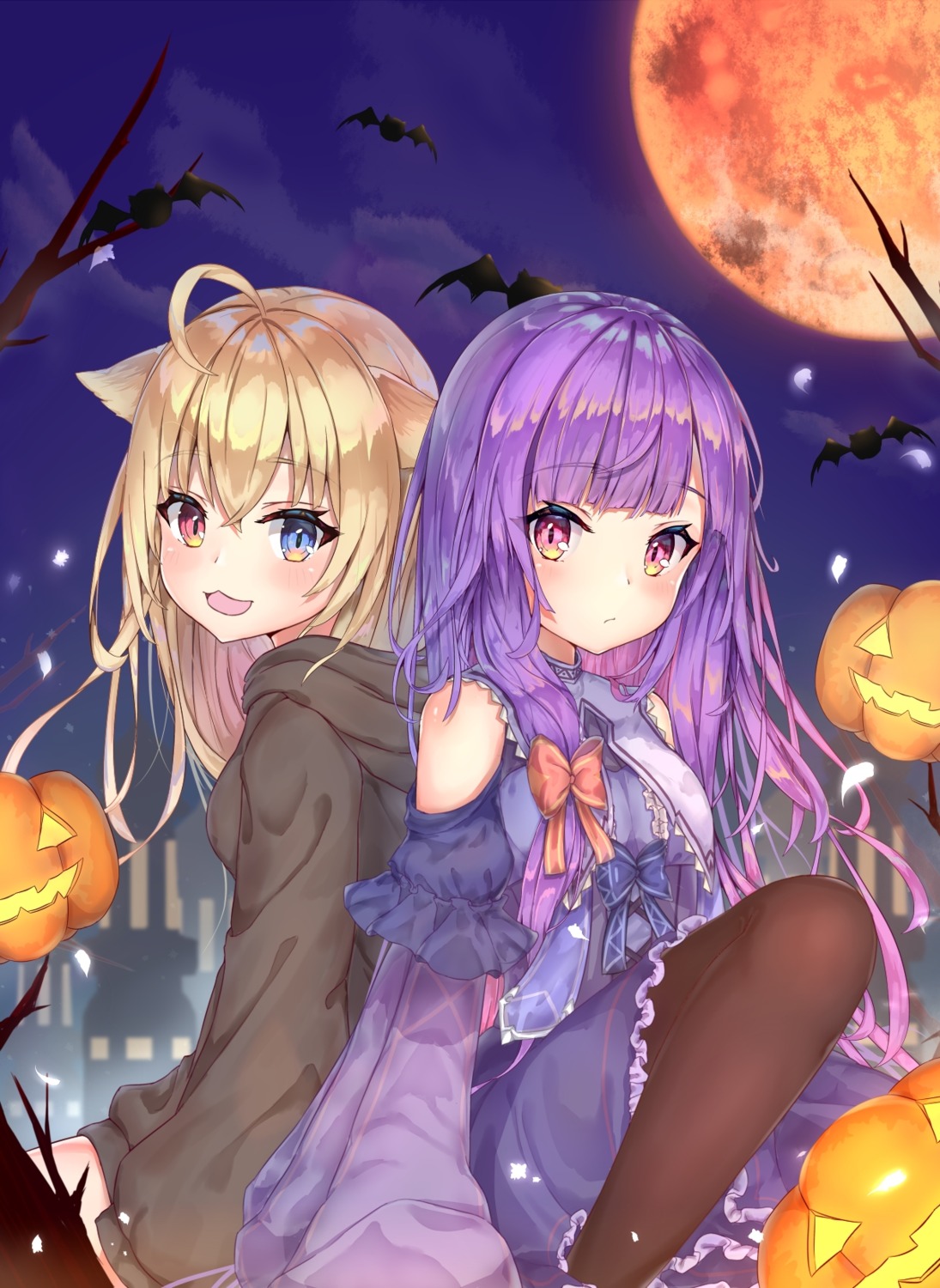 animal_ears dress halloween heterochromia mishuo_(misuo69421) pantyhose