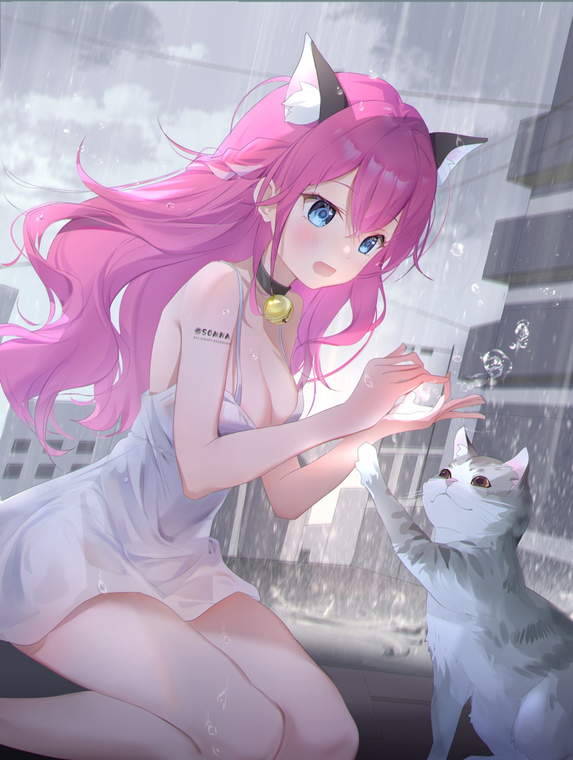 animal_ears dress neko nekomimi no_bra see_through somna summer_dress tattoo wet_clothes