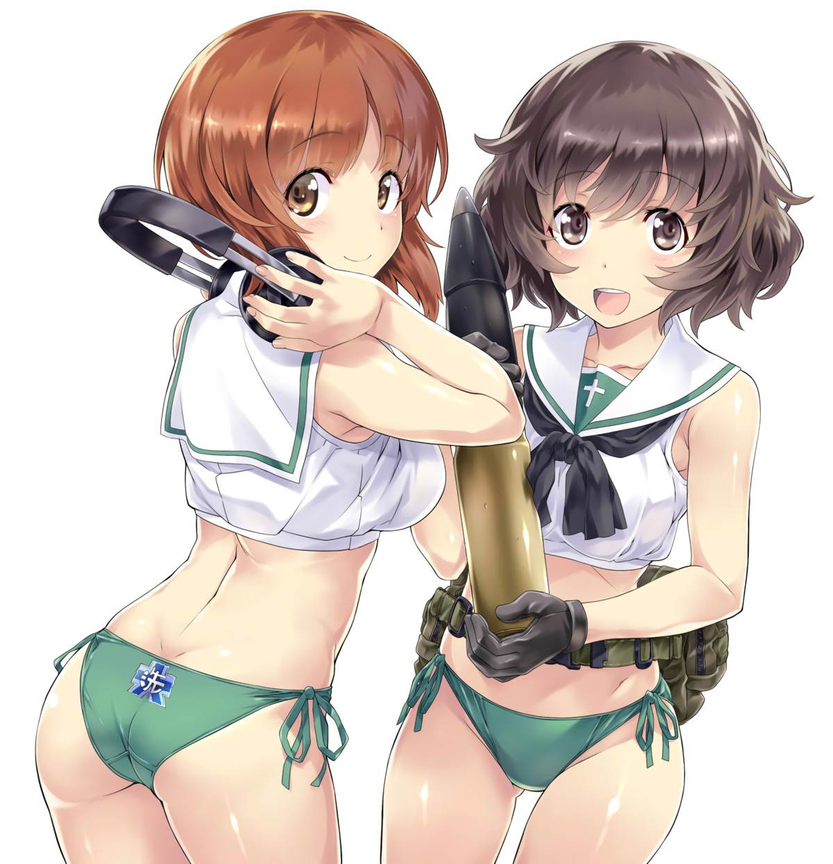 akiyama_yukari ass bikini chou_yoriyuki girls_und_panzer headphones nishizumi_miho seifuku swimsuits