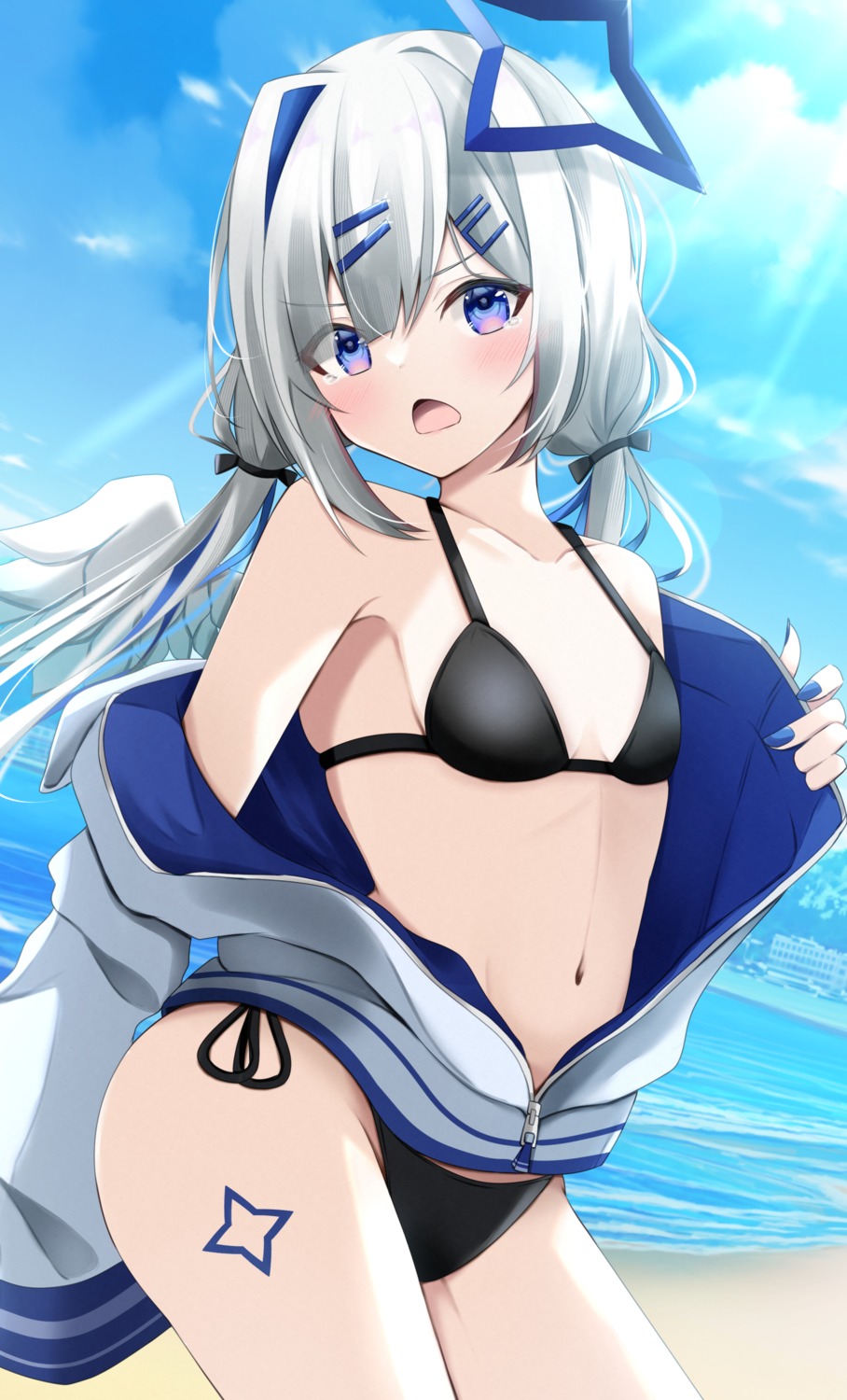 amane_kanata angel bikini hololive kamesys open_shirt swimsuits tattoo undressing wings