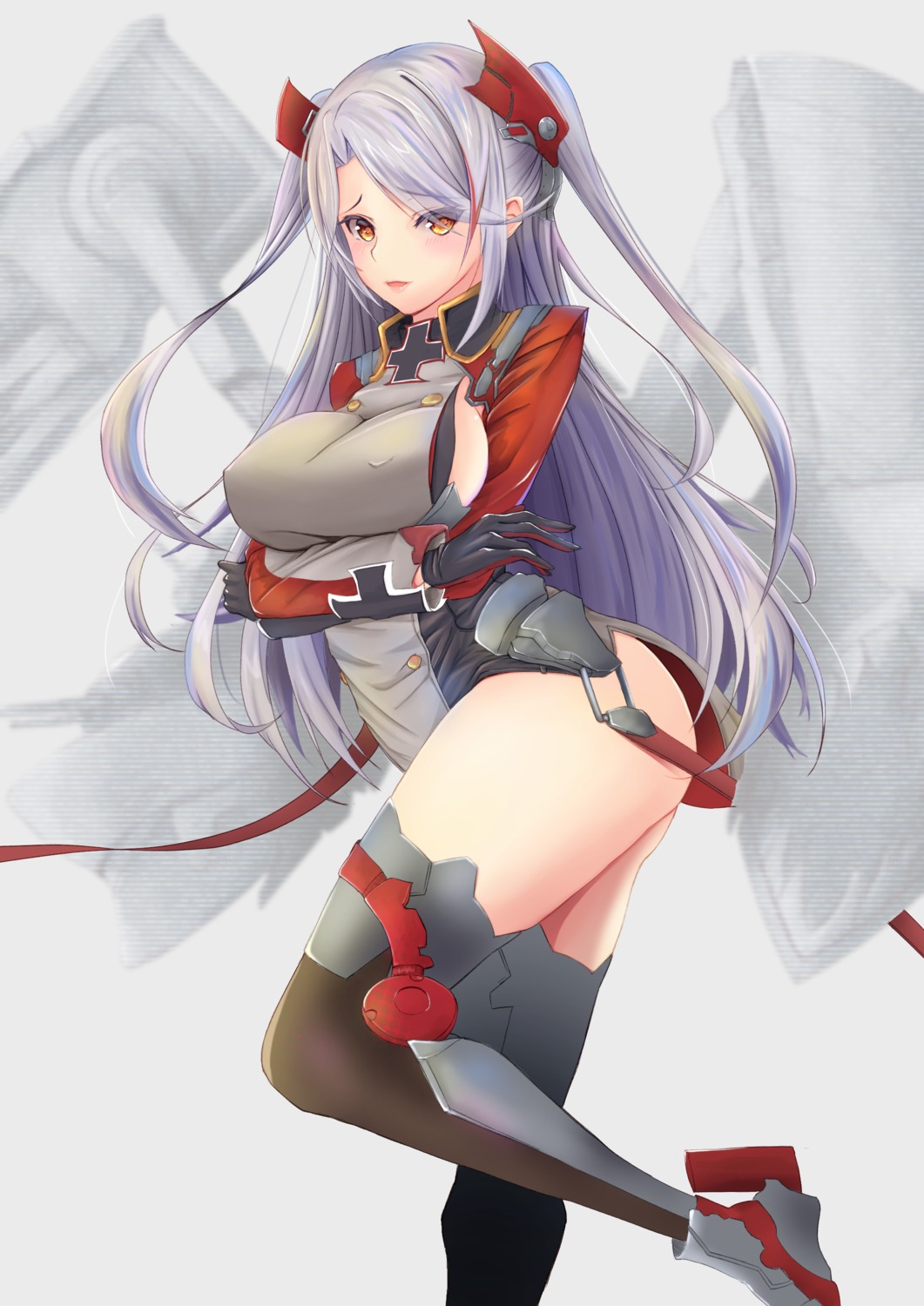 azur_lane breast_hold erect_nipples heels prinz_eugen_(azur_lane) spekkio36 thighhighs uniform