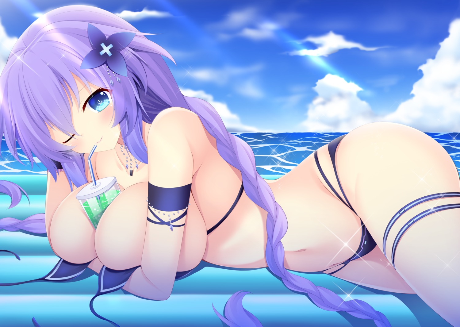 bikini breast_hold choujigen_game_neptune garter kishimen purple_heart swimsuits topless wardrobe_malfunction