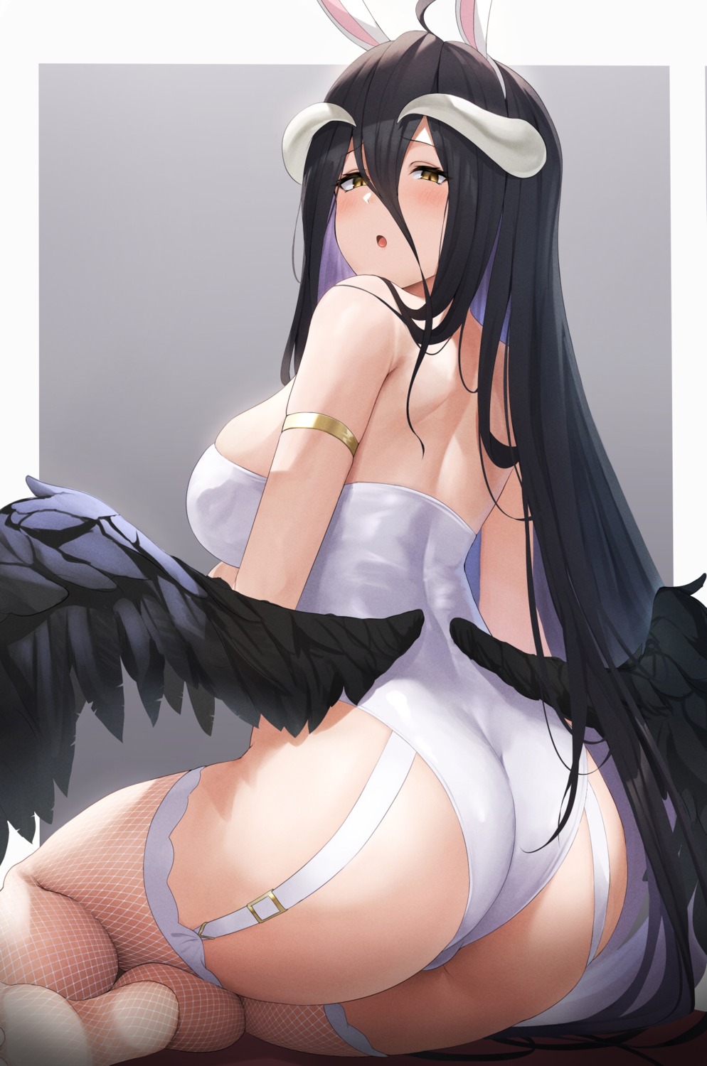 albedo_(overlord) animal_ears ass bunny_ears bunny_girl fishnets futon_fly_away horns no_bra overlord stockings thighhighs wings
