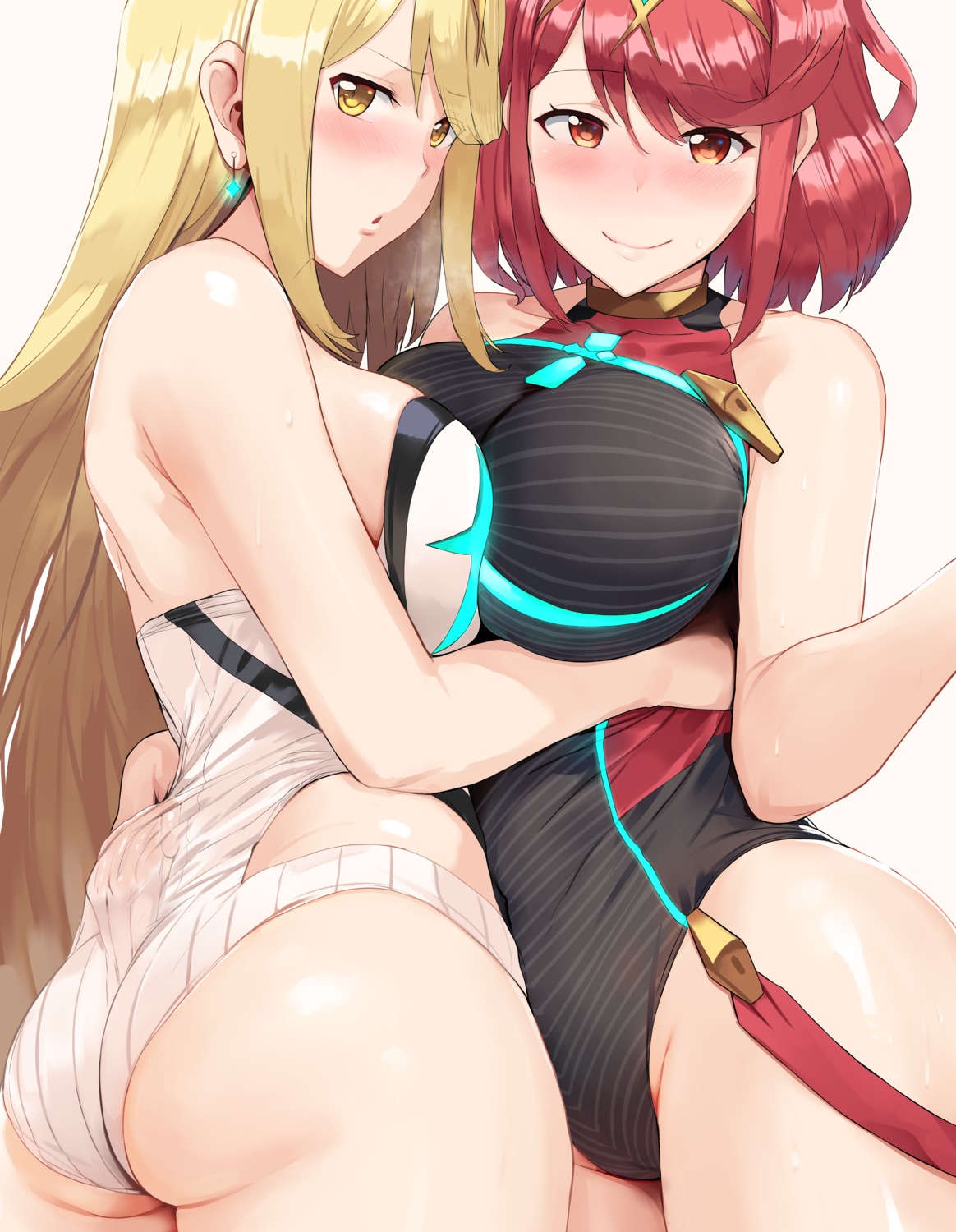 ass hews hikari_(xenoblade_2) homura_(xenoblade_2) swimsuits symmetrical_docking xenoblade xenoblade_chronicles_2