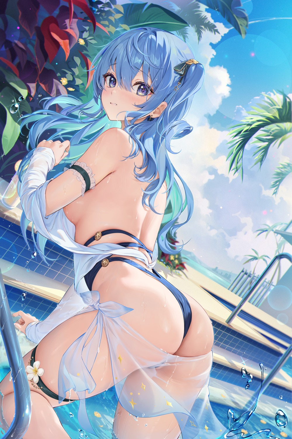 ass bikini garter hololive hoshimachi_suisei houkisei no_bra see_through swimsuits thong wet wet_clothes