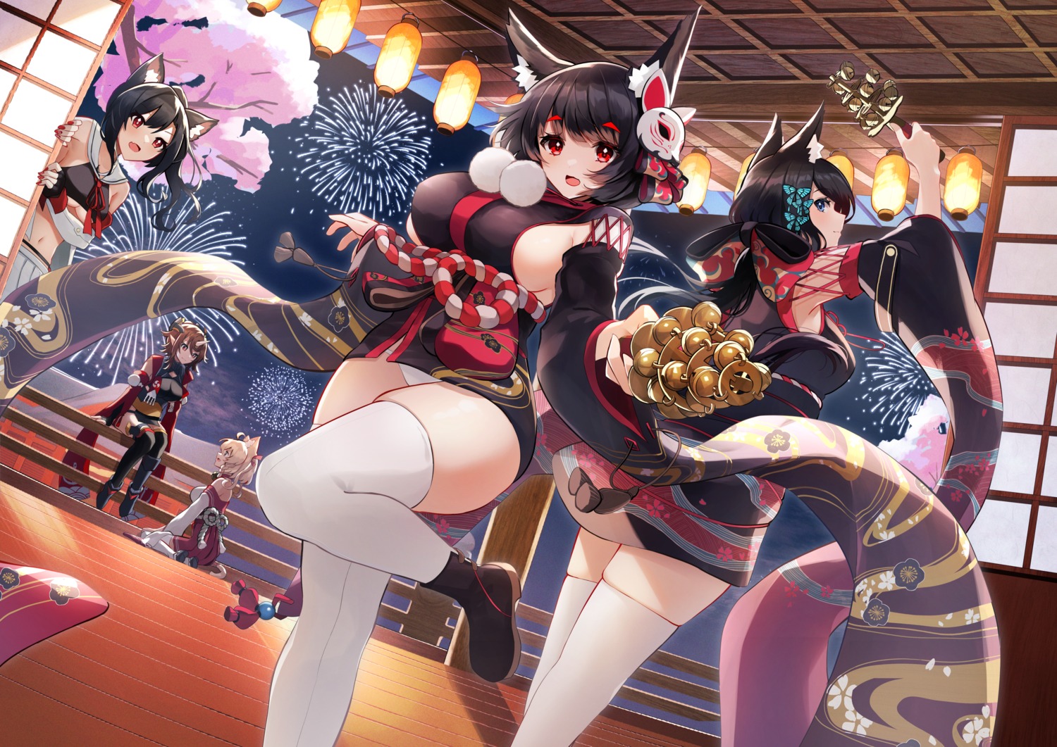 animal_ears azur_lane fusou_(azur_lane) horns japanese_clothes michishio_(azur_lane) mogami_(azur_lane) nekomimi no_bra pantsu pointy_ears seifuku shigure_(azur_lane) skirt_lift thighhighs underboob yamaha_tsui yamashiro_(azur_lane)