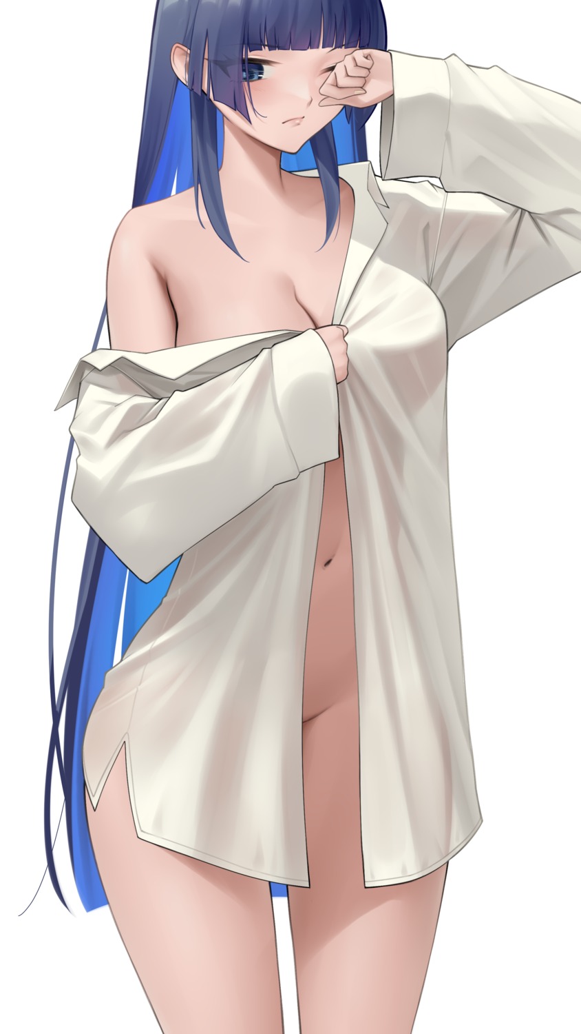 bottomless dress_shirt hololive hololive_english no_bra open_shirt ouro_kronii see_through somebody_(leiking00)