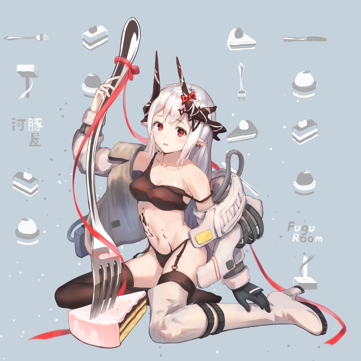 arknights heels horns miaodun_nyasu mudrock_(arknights) no_bra pantsu pointy_ears stockings thighhighs