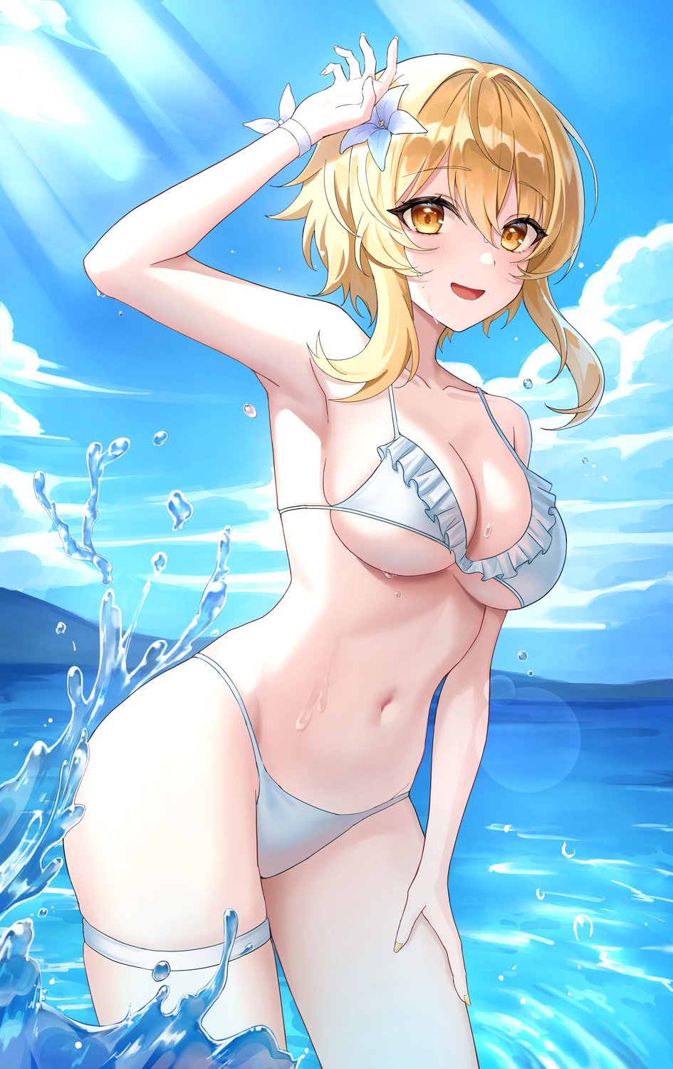 bikini garter genshin_impact lumine sicle swimsuits wet